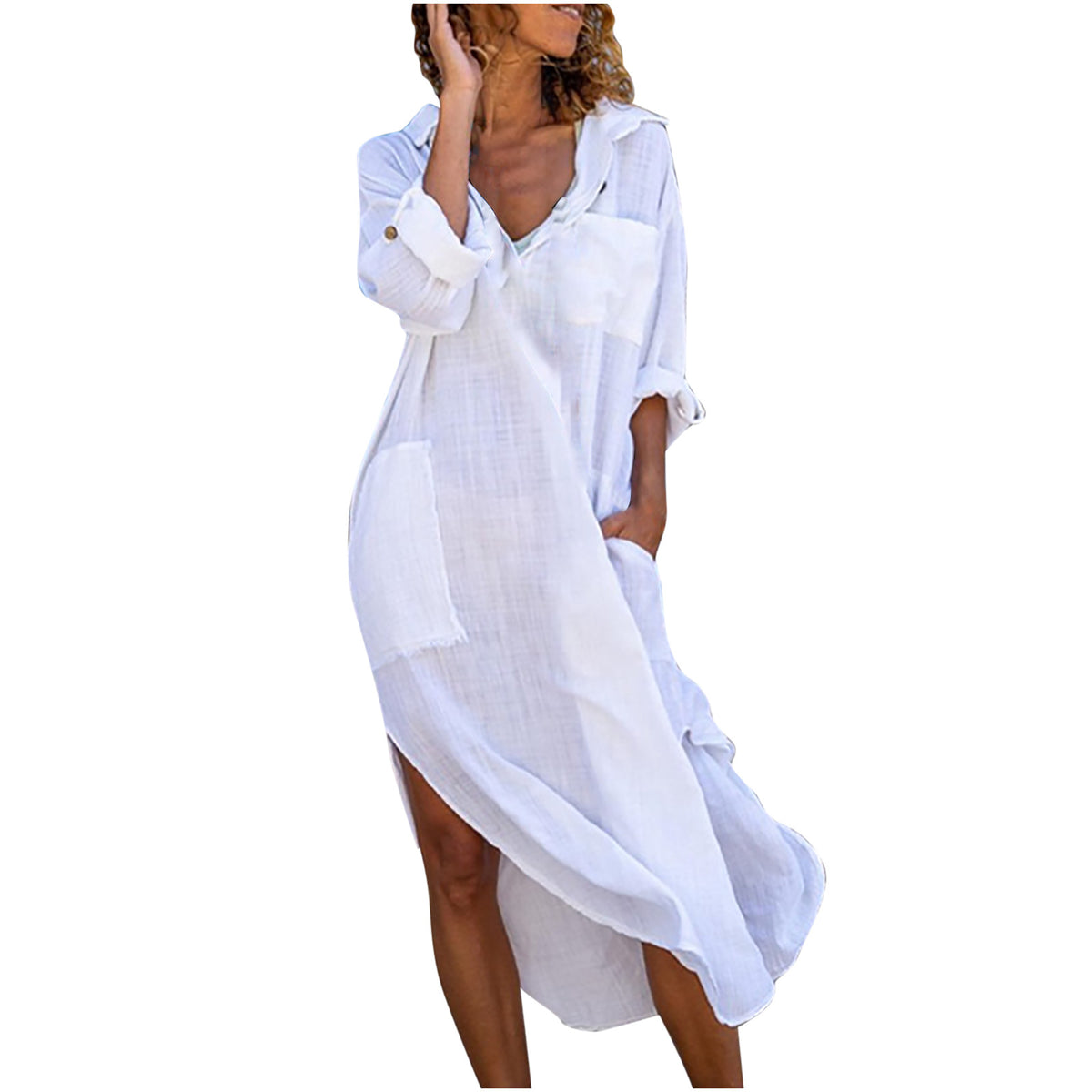 New Style Solid Color Button Slit Loose Breathable Casual Shirt Cotton