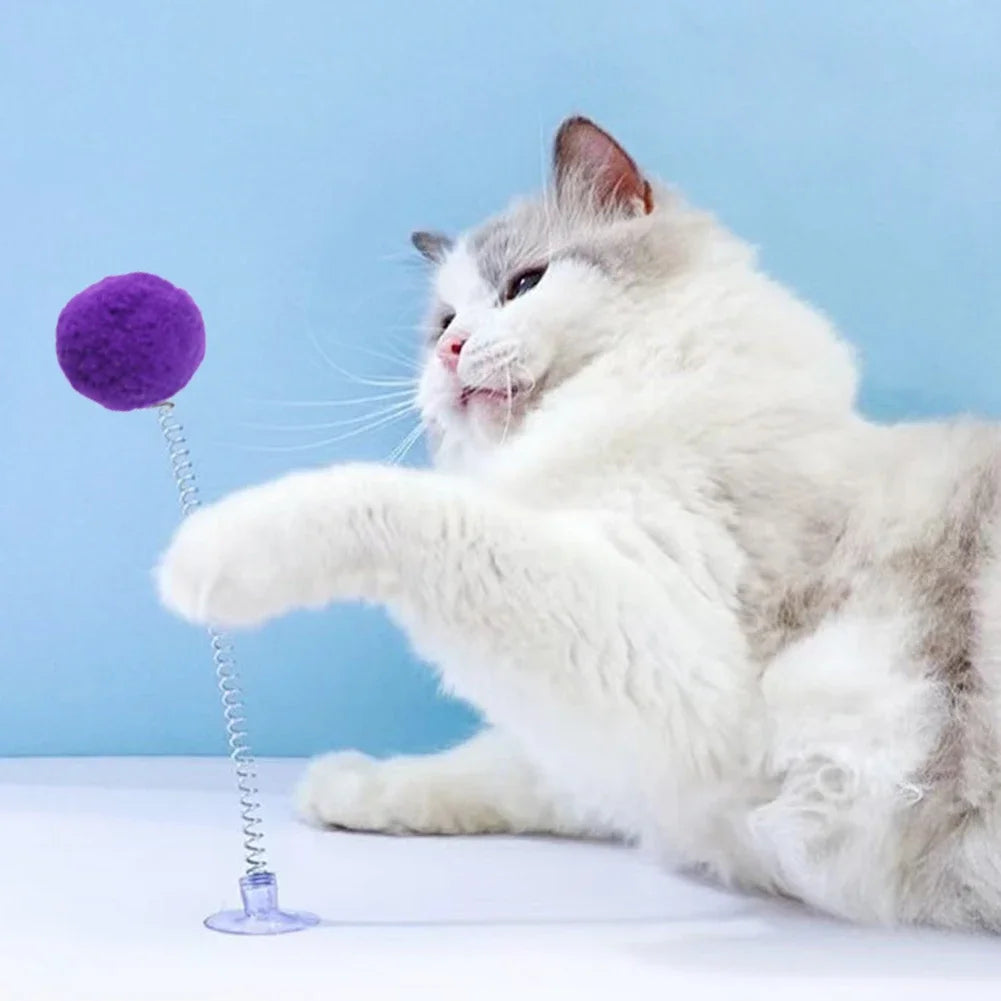 1pc Fur Ball Spring Cat Toy Suction Cup Multicolored Teaser Wand Pet