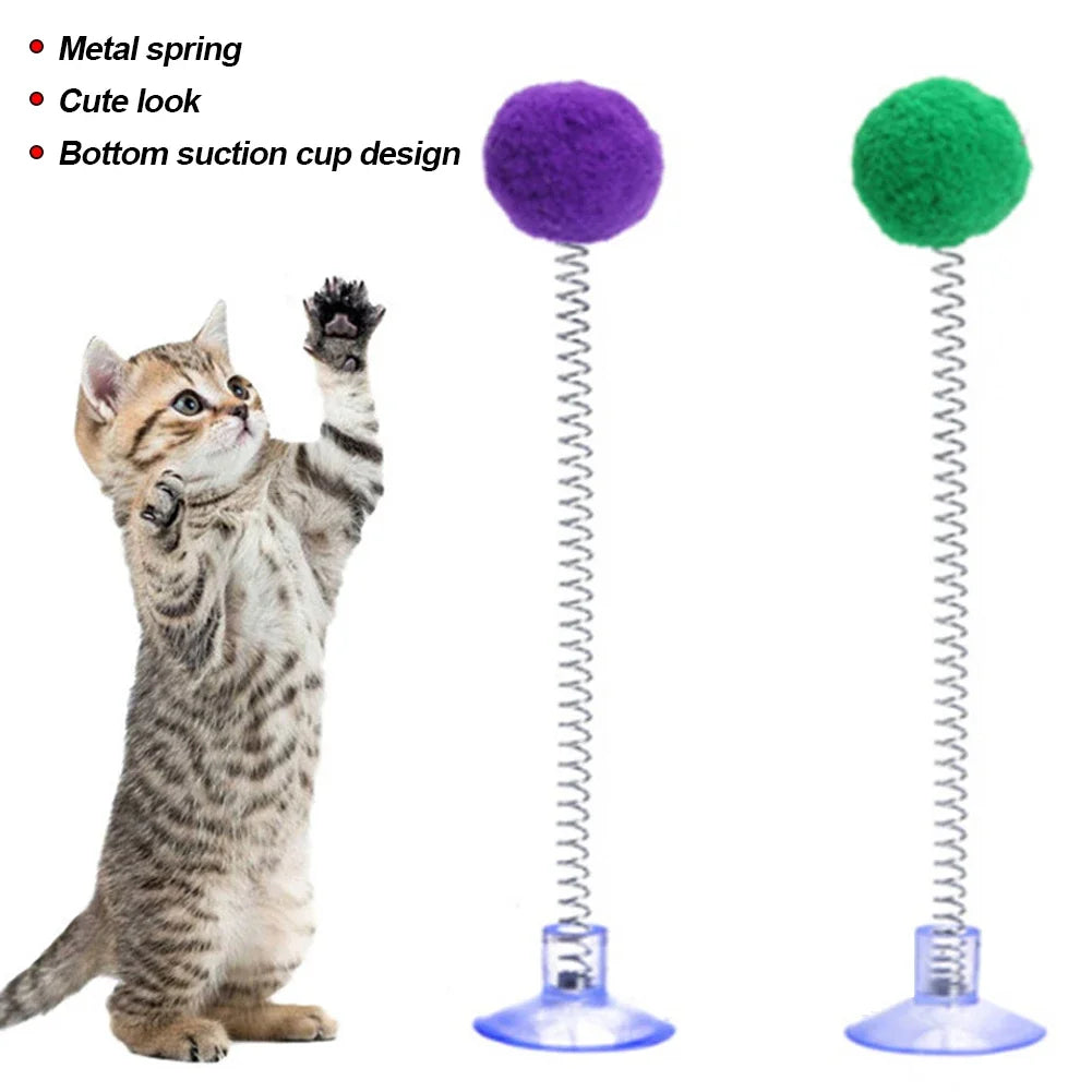 1pc Fur Ball Spring Cat Toy Suction Cup Multicolored Teaser Wand Pet