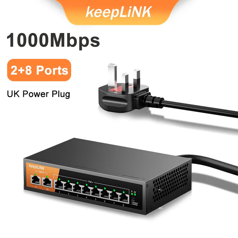 KeepLiNK 10-Port Gigabit Switch with 8-PoE and 2-RJ45 for Uplink Unmanaged