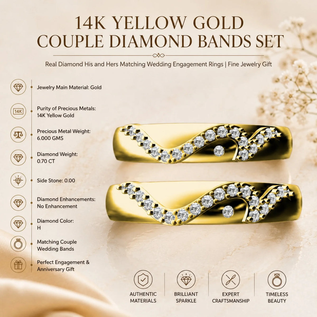14K Yellow Gold Couple Diamond Bands Set | Real Diamond His and Hers