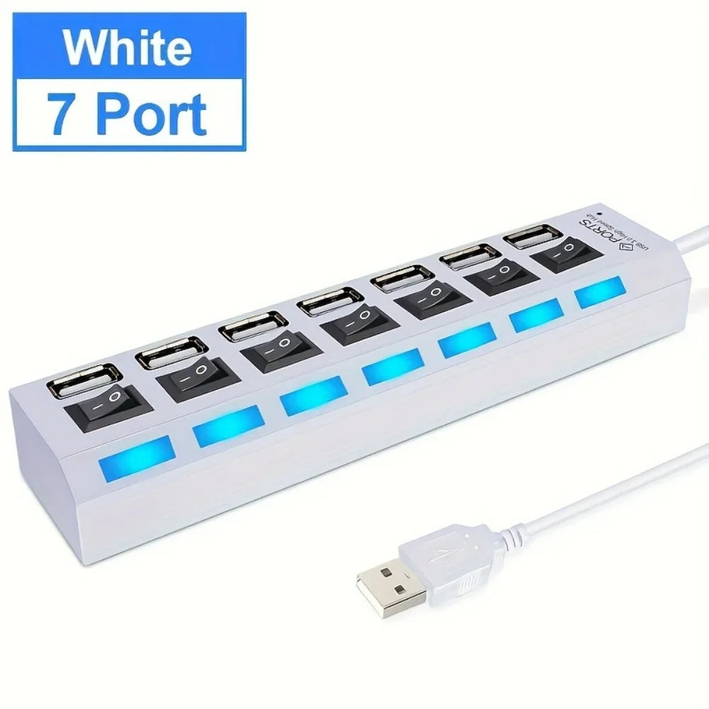 7 Ports USB 2.0 Hub LED 5Gbps High Speed Multiports USB Power Adapter