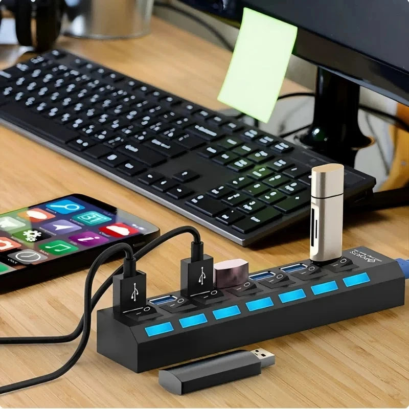 7 Ports USB 2.0 Hub LED 5Gbps High Speed Multiports USB Power Adapter