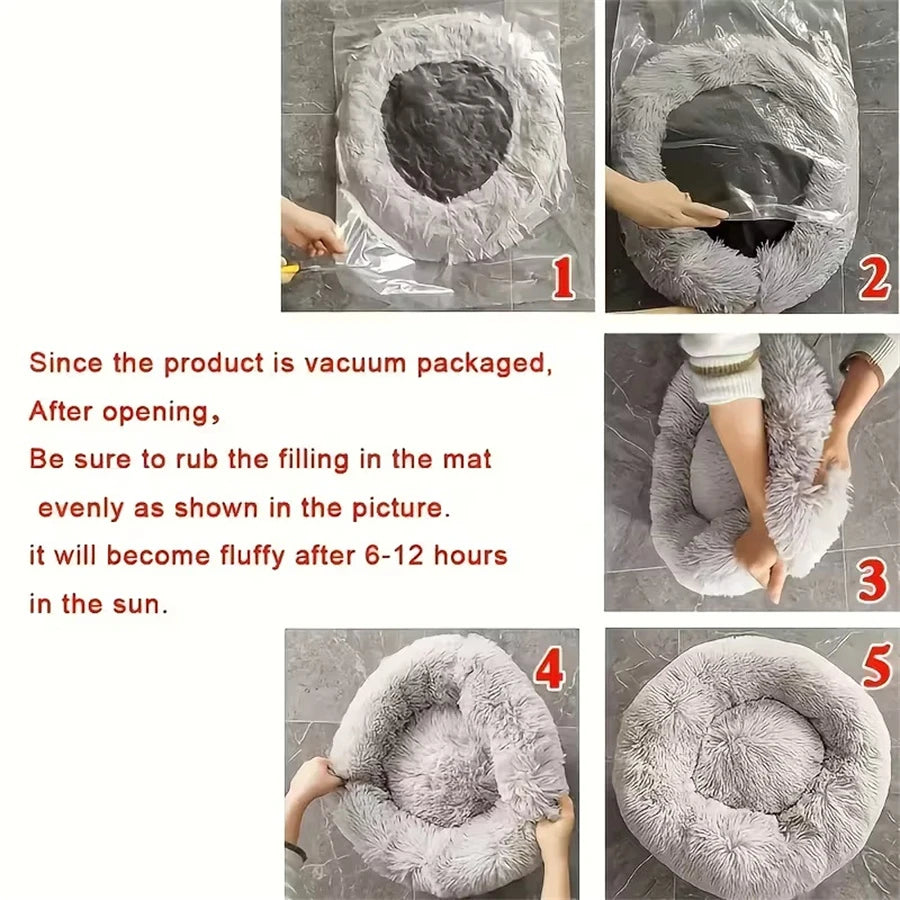 Soft Pet Cat Bed Pad Plush Warm Faux Fur Dog Calm Bed Donut Round Bed