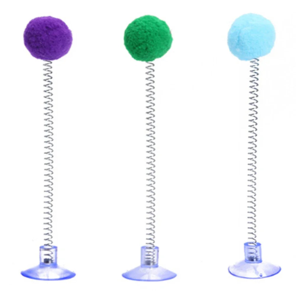 1pc Fur Ball Spring Cat Toy Suction Cup Multicolored Teaser Wand Pet