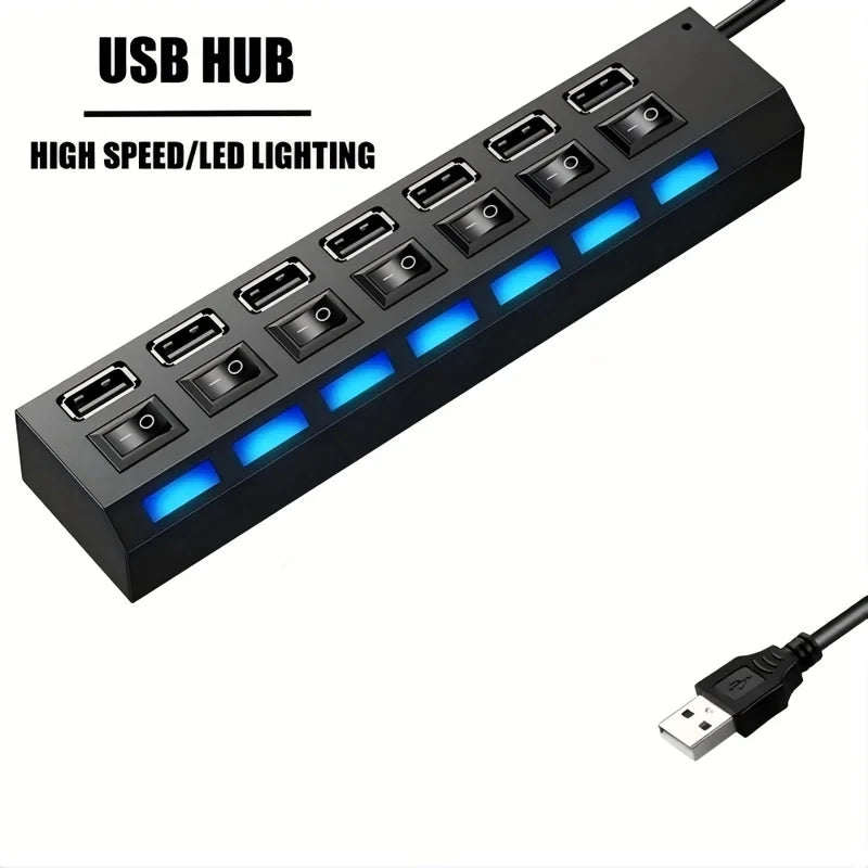 7 Ports USB 2.0 Hub LED 5Gbps High Speed Multiports USB Power Adapter