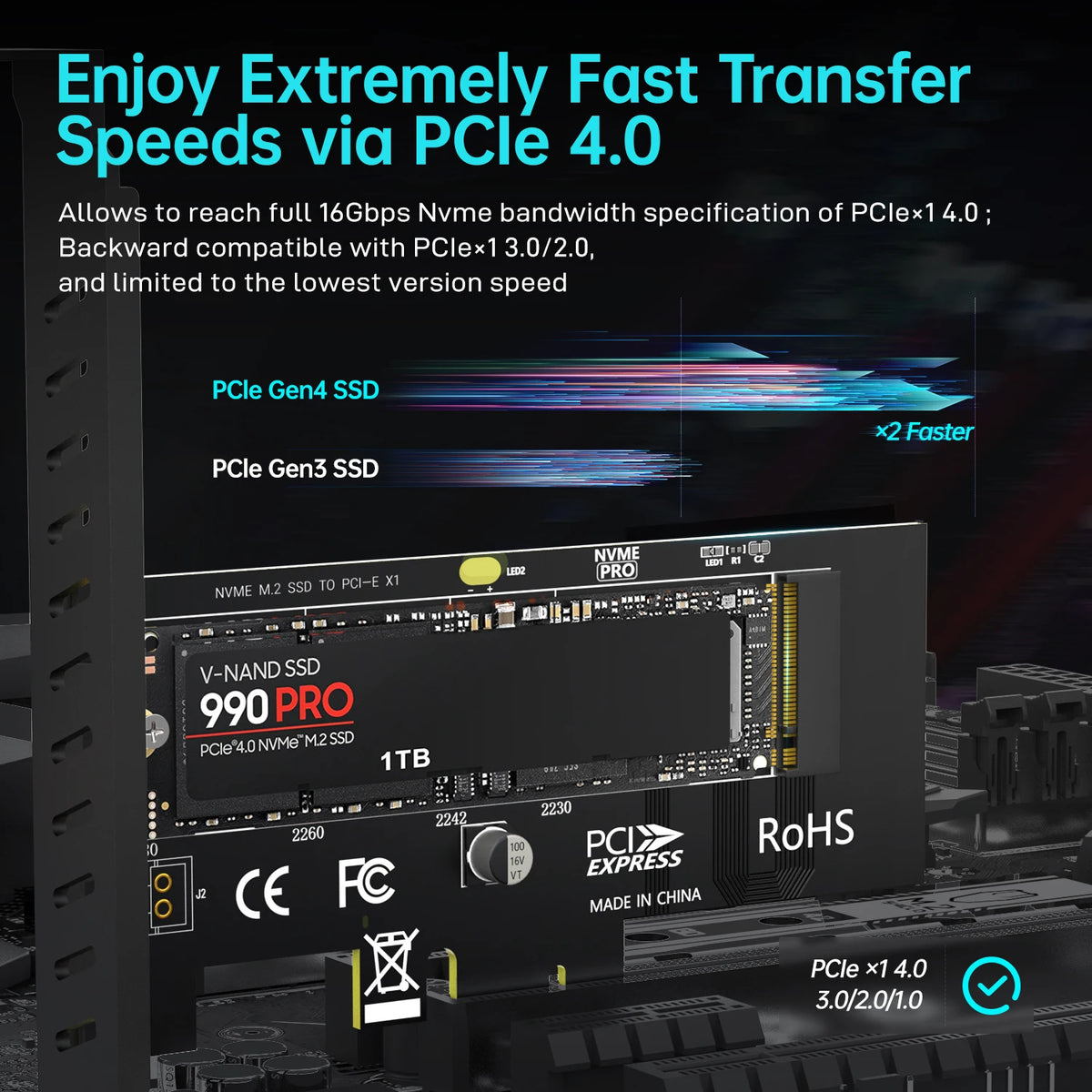 JEYI M.2 NVME SSD to PCIe 4.0 x1 Adapter Card, 2280 SSD PCIE X1 Expansion
