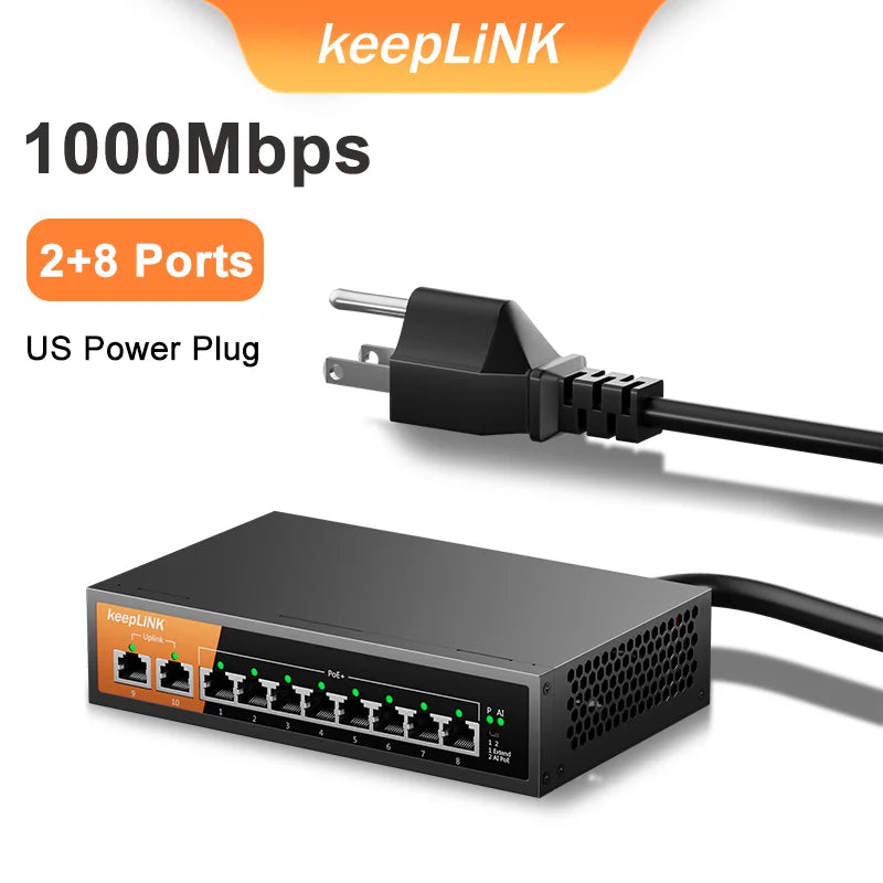 KeepLiNK 10-Port Gigabit Switch with 8-PoE and 2-RJ45 for Uplink Unmanaged