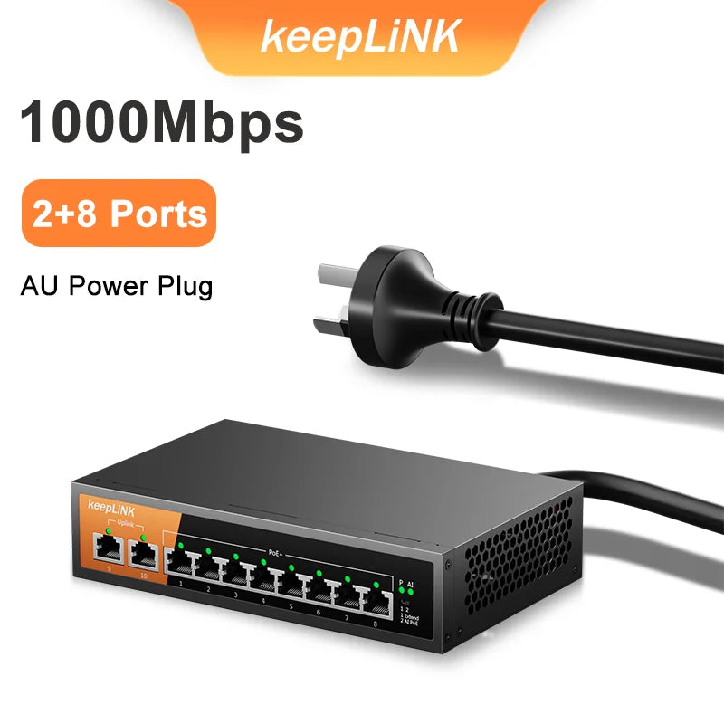 KeepLiNK 10-Port Gigabit Switch with 8-PoE and 2-RJ45 for Uplink Unmanaged