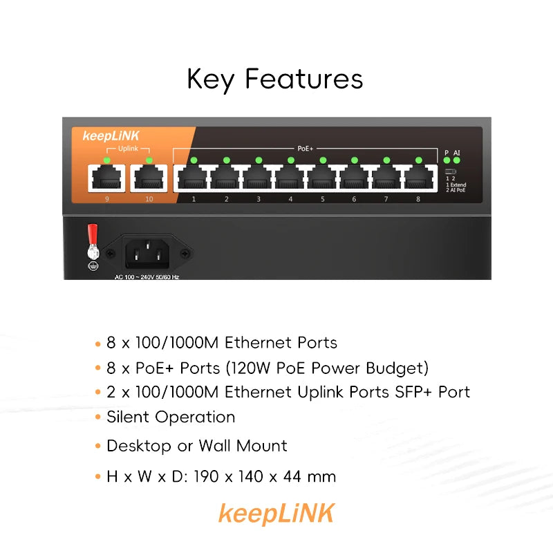 KeepLiNK 10-Port Gigabit Switch with 8-PoE and 2-RJ45 for Uplink Unmanaged