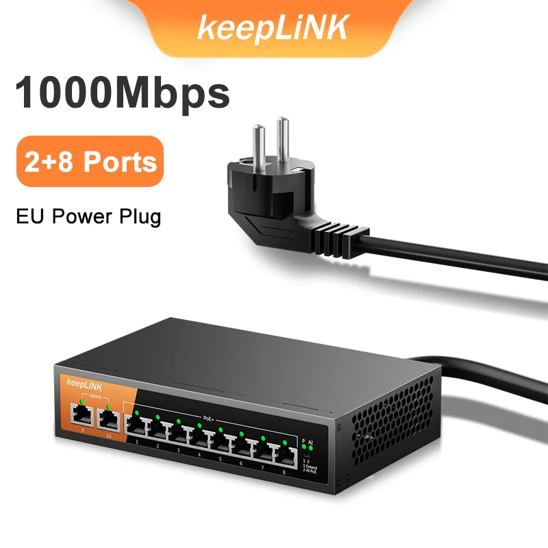 KeepLiNK 10-Port Gigabit Switch with 8-PoE and 2-RJ45 for Uplink Unmanaged