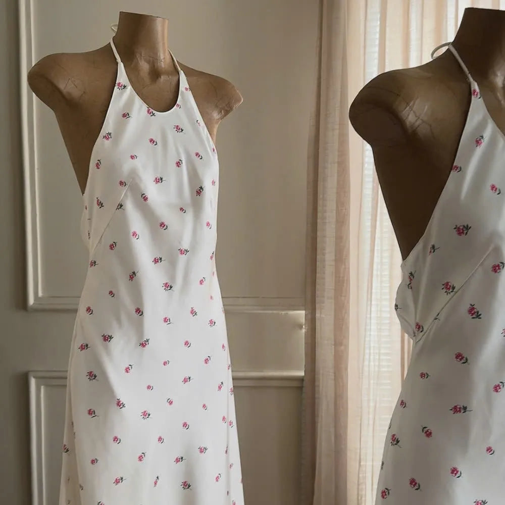 Ladies Floral Chiffon Maxi Dress V-Neck Backless Slim Waist Bow Breathable
