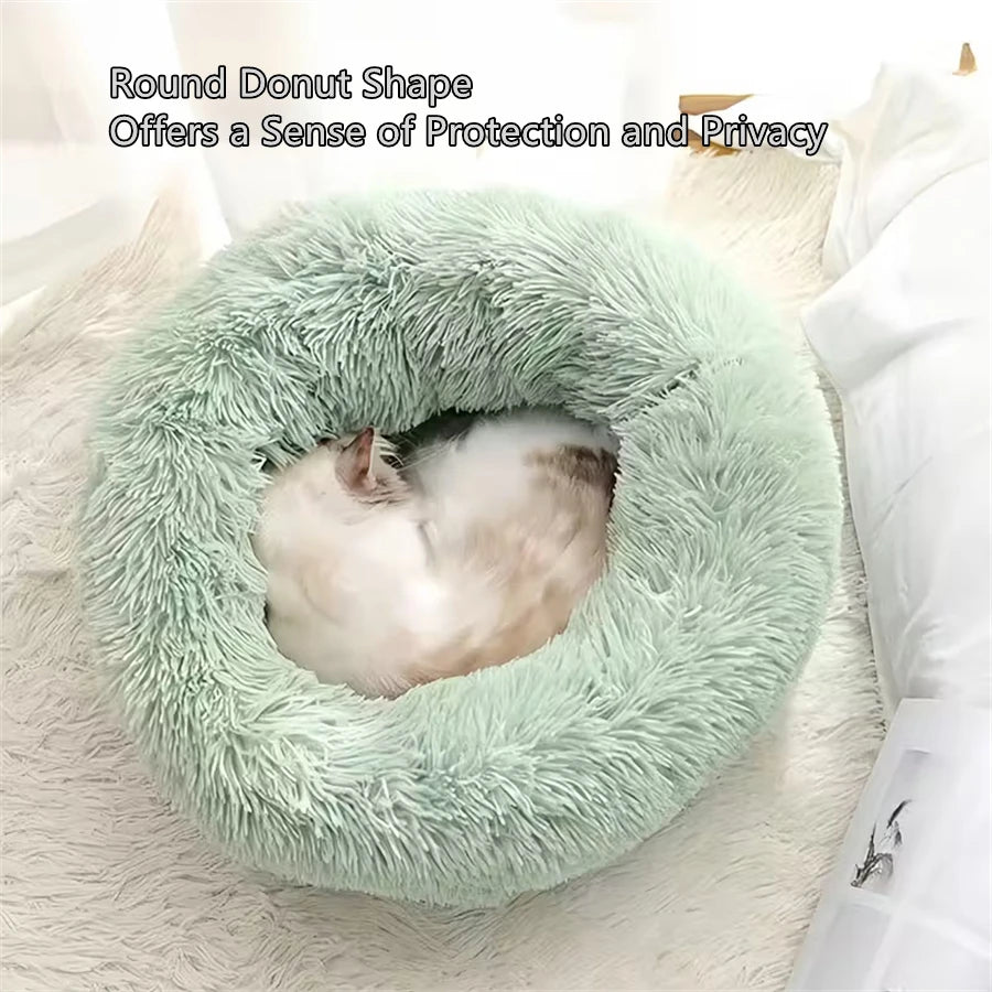 Soft Pet Cat Bed Pad Plush Warm Faux Fur Dog Calm Bed Donut Round Bed