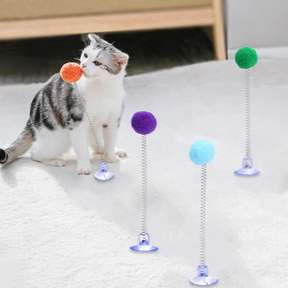 1pc Fur Ball Spring Cat Toy Suction Cup Multicolored Teaser Wand Pet