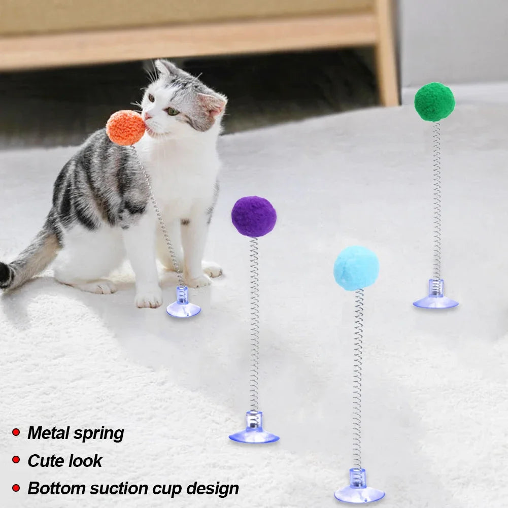 1pc Fur Ball Spring Cat Toy Suction Cup Multicolored Teaser Wand Pet