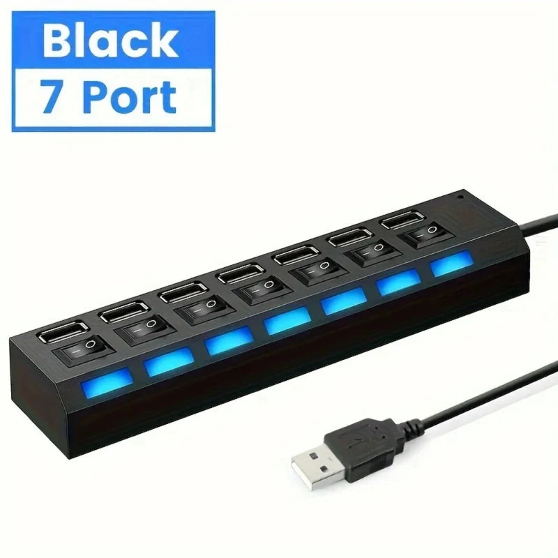 7 Ports USB 2.0 Hub LED 5Gbps High Speed Multiports USB Power Adapter
