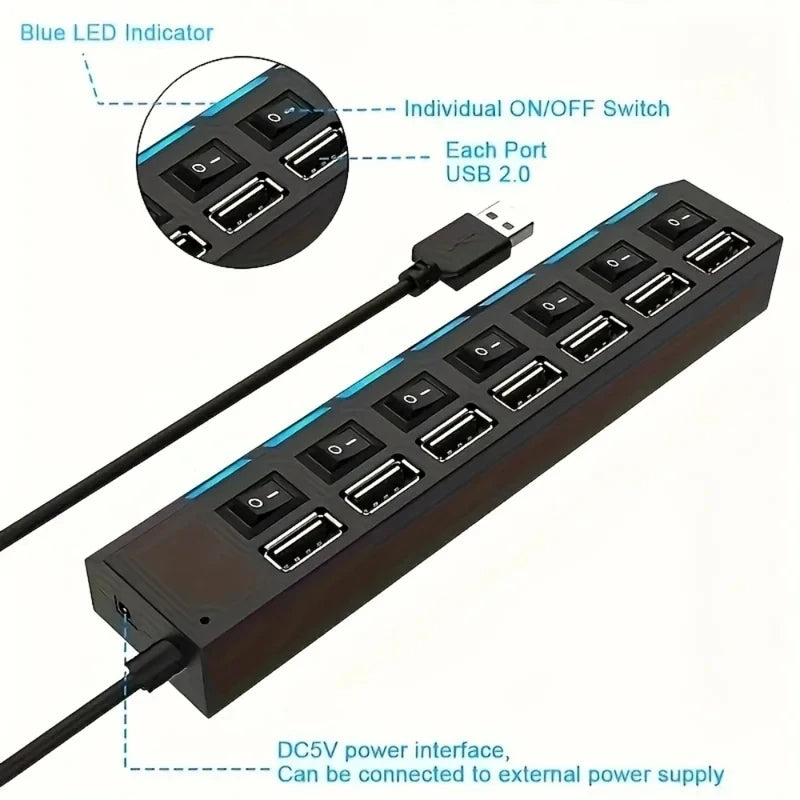 7 Ports USB 2.0 Hub LED 5Gbps High Speed Multiports USB Power Adapter