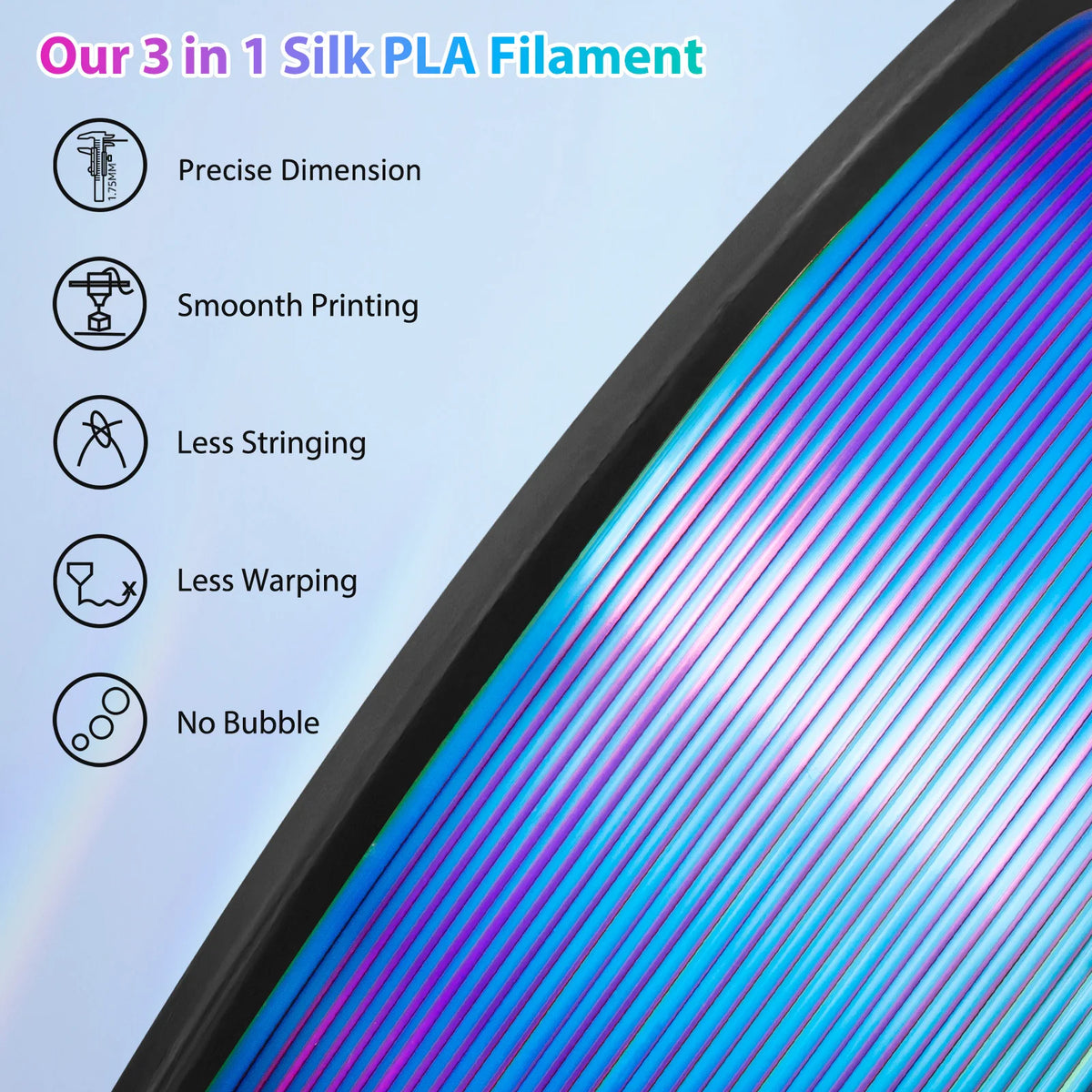 Tricolor Silk PLA 3D Printer Filament, 1.75mm Multicolor 3D Printing