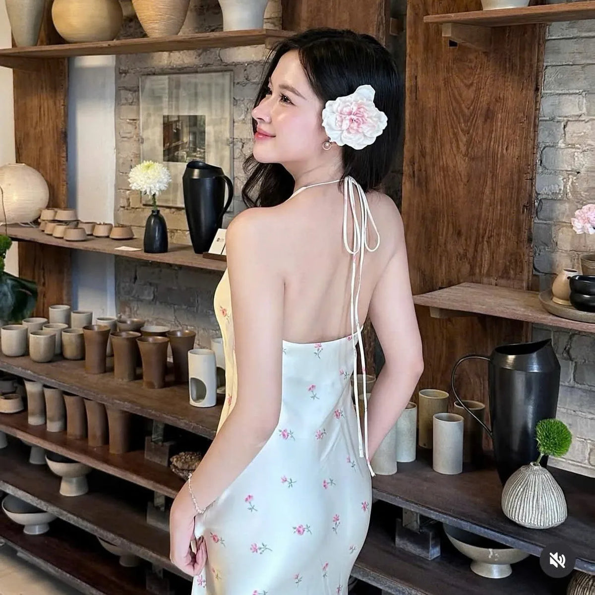 Ladies Floral Chiffon Maxi Dress V-Neck Backless Slim Waist Bow Breathable