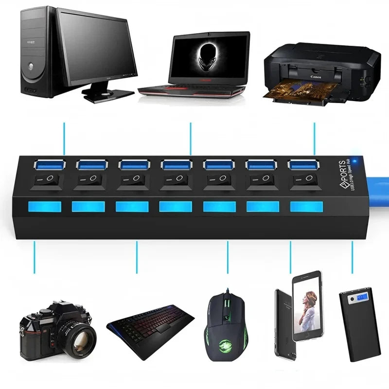 7 Ports USB 2.0 Hub LED 5Gbps High Speed Multiports USB Power Adapter