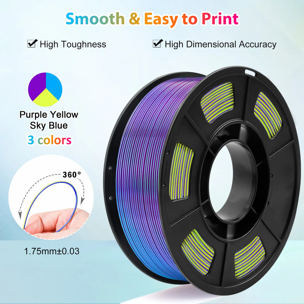 Tricolor Silk PLA 3D Printer Filament, 1.75mm Multicolor 3D Printing