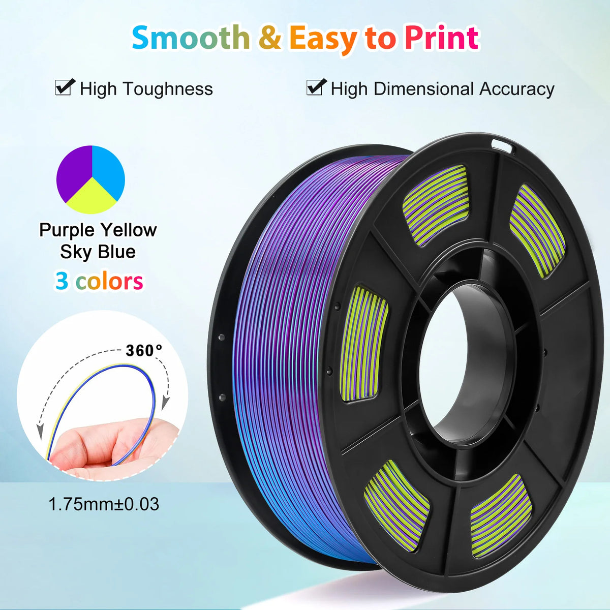 Tricolor Silk PLA 3D Printer Filament, 1.75mm Multicolor 3D Printing