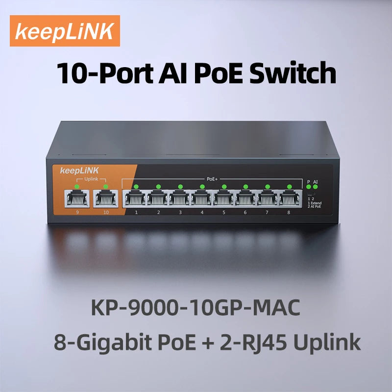 KeepLiNK 10-Port Gigabit Switch with 8-PoE and 2-RJ45 for Uplink Unmanaged